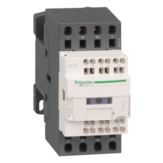 Schneider Electric LC1D2583E7 Schneider Electric LC1D2583E7 is a magnetic contactor from the Deca sub-range, featuring spring connections and a 4-pole (2NO+2NC) configuration. It has a rated current of 40A (AC-1) and is designed for DIN rail mounting. The contactor's net width is 45 mm and it offers a degree of protection of IP20. The control voltage (AC) ranges from 38.4-52.8Vac (48Vac nominal; 50Hz; 0.8...1.1 x Uc) to 40.8-52.8Vac (48Vac nominal; 60Hz; 0.85...1.1 x Uc), with a rated operating voltage (Ue) of 690 V. It includes 1 normally open (NO) and 1 normally closed (NC) auxiliary contact, both types being 1NO+1NC instantaneous auxiliaries. The rated impulse voltage (Uimp) is 6 kV, and it boasts a mechanical durability of 15,000,000 operations at no load. The rated voltage (AC) for phase-to-phase connections is also 690 V. LC1D2583E7 on Powermatic Associates
