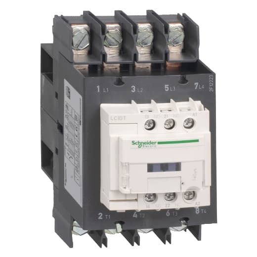 Schneider Electric LC1DT80A6MD Schneider Electric LC1DT80A6MD is a magnetic contactor from the Deca sub-range, featuring EverLink(TM) terminal design for secure connections. This contactor is equipped with ring-lugs connections and has a 4-pole (4P; 4NO) configuration. It is designed to handle a rated current of 80A under AC-1 conditions. The LC1DT80A6MD can be mounted on a DIN rail and has a net width of 70 mm. It offers a degree of protection rated at IP20 and operates with a control voltage (DC) range of 165-275Vdc, with a nominal voltage of 220Vdc. This model includes 1 Normally Open (NO) and 1 Normally Closed (NC) auxiliary contact, both of the instantaneous type (1NO+1NC). It is capable of withstanding a rated impulse voltage (Uimp) of 6 kV and offers mechanical durability of up to 6 million operations at no load. The rated voltage for phase-to-phase applications is up to 690 V AC. LC1DT80A6MD on Powermatic Associates
