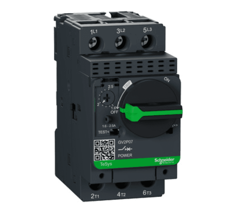 Schneider Electric GV2P07 Schneider Electric GV2P07 is a Thermal-Magnetic Motor Protection Circuit Breaker (MPCB) and Manual Motor Starter designed for motor protection. It is part of the GV2P sub-range and features three poles with protection functions including short-circuit and thermal protection (overload). This MPCB supports a rated current range of 1.6 - 2.5 A and has a rated insulation voltage (Ui) of 690 V. It is designed for DIN rail mounting and has a net width of 45 mm. The operating mode is facilitated by a rotary knob, with protection settings for short-circuit pickup current fixed at 33.5A. The rated impulse voltage (Uimp) is 6 kV, and it offers rated active power of 0.75 kW at 400/415Vac, 1.1 kW at 500Vac, and 1.5 kW at 690Vac. The trip current rating is 2.5 AT with a frame current rating of 32 AF. It boasts mechanical durability of 100,000 operations at no load and electrical durability of 100,000 operations at 415Vac; AC-3 with load. Connection is made via screw-clamp terminals, and it operates at a rated voltage (AC) phase-to-phase of 690 V. All three poles are protected, with a minimum current of 1.6 A and a maximum current of 2.5 A. The trip unit type is thermal-magnetic, and it is categorized under utilisation category A AC-3. GV2P07 on Powermatic Associates