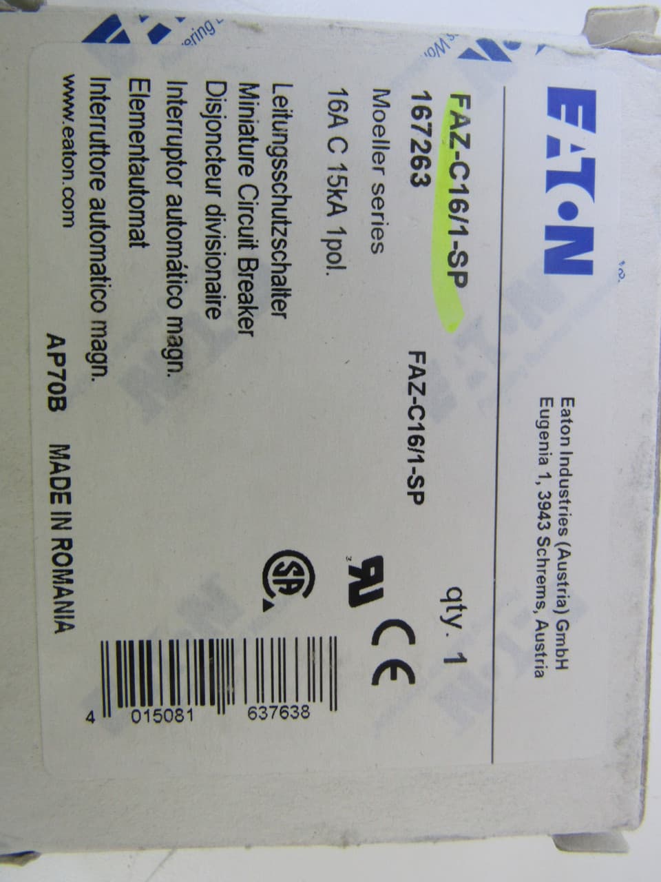 Eaton FAZ-C16/1-SP Eaton FAZ supplementary protector,UL 1077 Industrial miniature circuit breaker-supplementary protector,Single package,Medium levels of inrush current are expected,16A,15 kAIC,Single-pole,277 V,5-10X/n,Q38,50-60 Hz,Standard terminals,C Curve FAZ-C16/1-SP on Powermatic Associates