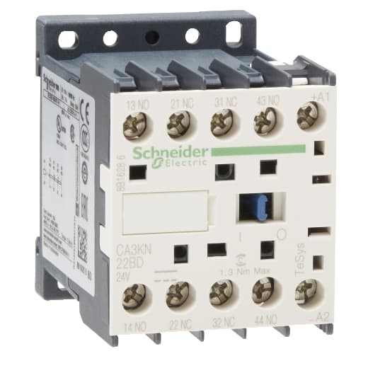 Schneider Electric CA3KN22BD Schneider Electric CA3KN22BD is a control relay with a mechanical durability of 20,000,000 operations at no load. It features a mounting mode that accommodates both plate and DIN rail installations. Designed for use in AC-15 and DC-13 utilisation categories, this part includes two SPST-NO (Single Pole Single Throw - Normally Open) contacts. The CA3KN22BD is equipped with screw clamp type terminals and can operate at a rate of 10,000 cycles per hour. CA3KN22BD on Powermatic Associates