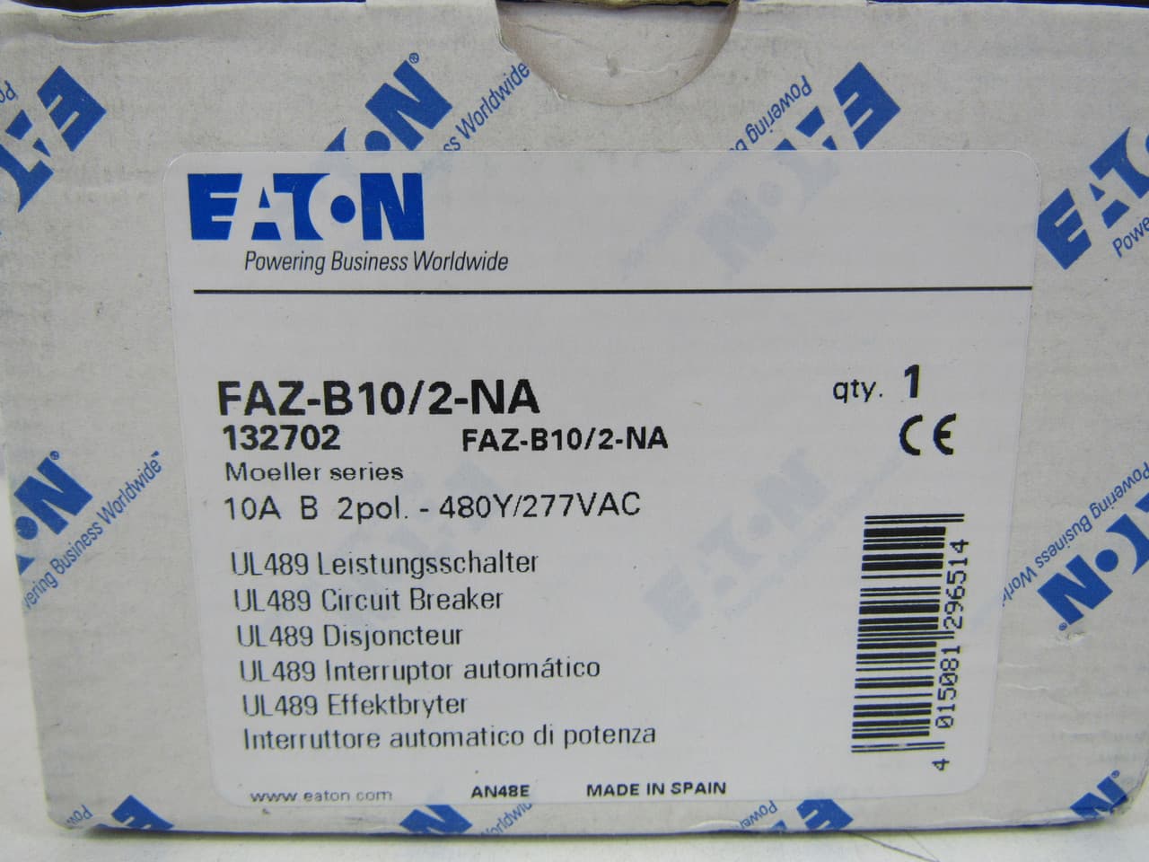 Eaton FAZ-B10/2-NA 277/480 VAC 50/60 Hz, 10 A, 2-Pole, 10/14 kA, 3 to 5 x Rated Current, Screw Terminal, DIN Rail Mount, Standard Packaging, B-Curve, Current Limiting, Thermal Magnetic FAZ-B10/2-NA on Powermatic Associates