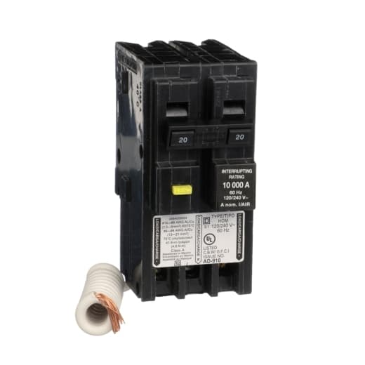 Schneider Electric HOM220GFIC Square D by Schneider Electric HOM220GFIC is a Ground Fault Interrupter (GFI) Miniature Circuit Breaker (MCB) designed for plug-in connections. This 2-pole circuit breaker offers ground fault protection with a rated current of 20A and supports a rated voltage of 120V to 240V AC. It is engineered for plug-in mounting and accommodates a cross-section of 12-4AWG (1 cable Al). The HOM220GFIC features a residual current sensitivity of 6mA/0.006 and has a short circuit breaking rating of 10kA at 120Vac. Its terminals are of the screw clamp type, facilitating secure and reliable connections. HOM220GFIC on Powermatic Associates