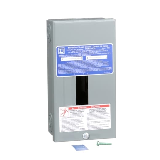 Schneider Electric HOM24L70S Square D by Schneider Electric HOM24L70S is a load center designed for single-phase (1PH) networks. It features a welded sheet steel enclosure and a tin-plated aluminum busbar. This load center has dimensions of H236mm x W122mm x D81mm (H9.29" x W4.8" x D3.19"), offering 2 spaces for circuit breakers. It is equipped with lugs for connection and supports a rated current of 70A with a rated voltage of 120Vac/240Vac. The HOM24L70S provides a degree of protection of NEMA 1 and accommodates 4 single pole circuits or 2 tandem breakers. HOM24L70S on Powermatic Associates