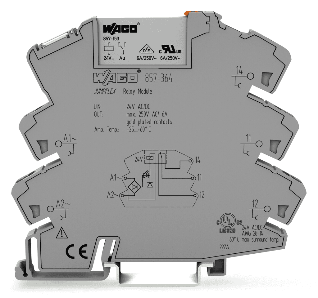 WAGO 857-364 857-364 WAGO - Relay module; Nominal input voltage: 24 V AC/DC; 1 changeover contact; Limiting continuous current: 6 A; with gold contacts; Yellow status indicator; Module width: 6 mm 857-364 on Powermatic Associates
