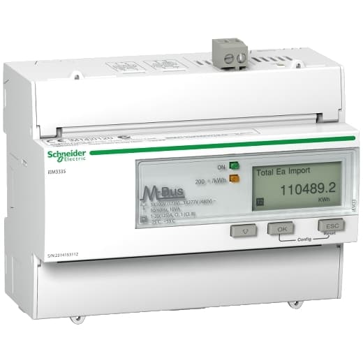 Schneider Electric A9MEM3335 Schneider Electric A9MEM3335 is a digital meter designed for energy measurement within the iEM sub-range. This model features an 8-digit graphic LCD display and is capable of direct current measurement up to 125A. It supports M-Bus communication along with 1 Digital Input (DI) and 1 Digital Output (DO), and offers the flexibility of 4 tariffs for energy billing. The A9MEM3335 is designed with an IP40 degree of protection and is suitable for DIN rail mounting. It operates on both 1P+N and 3P 3P+N network configurations, accommodating a network frequency range of 50-60 Hz. The ambient air temperature range for operation is set between -25 and +55°C. This meter has a sampling rate of 1,600 Hz at 50Hz (32 samples/cycle) and 1,920 Hz at 60Hz (32 samples/cycle), ensuring accurate measurement of voltage and current. A9MEM3335 on Powermatic Associates