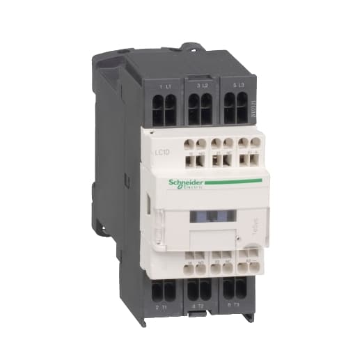 Schneider Electric LC1D183BD Schneider Electric LC1D183BD is a magnetic contactor from the Deca sub-range, featuring spring connections and designed with 3 poles (3P; 3NO). It has a rated current of 25A (AC-1) and 18A (440Vac; AC-3), with a mounting mode suitable for DIN rail installation. The net width of the contactor is 45 mm, and it offers a degree of protection rated at IP20. The control voltage (DC) ranges from 18-30Vdc (24Vdc nom.; 0.75...1.25 x Uc), and the rated operating voltage (Ue) is up to 690 V. It includes 1 normally open (NO) auxiliary contact and 1 normally closed (NC) auxiliary contact, both of the instantaneous type (1NO+1NC). The rated impulse voltage (Uimp) is 6 kV. This contactor supports rated active power ranging from 4kW at 220-230Vac to 10kW at 660-690Vac in AC-3 category. The rated power (HP) varies from 1HP at 115Vac in single-phase to 15HP at 575-600Vac in three-phase, under UL/CSA standards. It boasts a mechanical durability of 15 million operations and an electrical durability of 1.6 million operations with load, at a phase-to-phase rated voltage of 690 V. LC1D183BD on Powermatic Associates