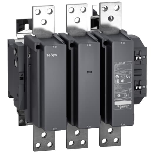 Schneider Electric LC1F1250F7 Schneider Electric LC1F1250F7 is a high-power magnetic contactor within the F sub-range, designed for surface mounting. It features a 3-pole (3P; 3NO) configuration with ring-lugs/bar connections for the main circuit. This contactor is rated for a current of 1260A under AC-1 conditions and operates at a control voltage of 94-121Vac (110Vac nominal; 40-400Hz; 0.85...1.1 x Uc). The rated operating voltage (Ue) is 1000 V, and it has a rated impulse voltage (Uimp) of 8 kV. It comes without normally open (NO) or normally closed (NC) auxiliary contacts. The mechanical durability of the LC1F1250F7, at no load, is rated at 1,000,000 operations, and it supports a phase-to-phase rated voltage (AC) of 1000 V. LC1F1250F7 on Powermatic Associates