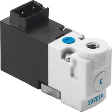 Festo 197013 solenoid valve MHP1-M5H-3/2G-M3-TC Semi in-line valve for individual and manifold mounting, very compact, with plug connector on top Valve function: 3/2 closed, monostable, Type of actuation: electrical, Width: 10 mm, Standard nominal flow rate: 10 l/min, 197013 on Powermatic Associates