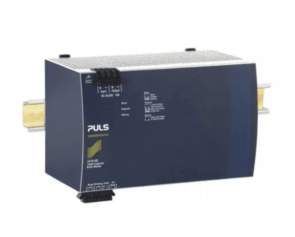 Puls UC10.242 PULS UC10.242 is an Uninterruptible Power Supply (UPS) control module within the UC-series, featuring a bfr. module design with capacitive storage, separated inputs and outputs, and a green status LED. This DC/DC UPS control module is encased in an aluminium housing and utilizes spring-clamp connections for connectivity. It measures W198mm x H124mm x D117mm and operates on a supply voltage range of 22.5Vdc to 30Vdc, with a nominal 24Vdc. The rated current is 15A, both nominal and before (bfr.), and it is designed for DIN rail mounting. The UC10.242 can operate in ambient air temperatures ranging from -40 to +60°C and has a current consumption of 1.1A at a 24Vdc input. It supports a DC network type and includes visual position indicators for Ready, Buffering, Inhibit, and PC-mode. Protection functions include output overvoltage protection with a typical 32Vdc and a maximum of 35Vdc, and overload/short-circuit protection with a minimum of 17.9A and a maximum of 21A at load impedance. Series or parallel operation is not supported. The output voltage is a fixed 24Vdc, with a turn-ON voltage of 23Vdc, and it boasts an efficiency of 0.978 at a 24Vdc input. The rated power is 360W at 24Vdc, with hold times of 33 seconds at 10A and 18 seconds at 15A. Power dissipation/losses are 2.9W at 0A output current and 4.6W at 10A output current, with a ripple of 30mVpp across 20Hz to 20MHz at 50Ω. Electrical durability ranges from 324000 hours at 25°C and 10A output to 34000 hours at 55°C and 15A output. The capacitance at the output stage is 1500µF. UC10.242 on Powermatic Associates