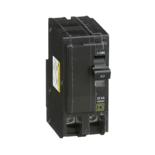 Schneider Electric QO260VH Square D by Schneider Electric QO260VH is a Miniature Circuit Breaker (MCB) designed for plug-in mounting. It features a rated current of 60A and accommodates a plug-in connection type. This MCB operates at a rated voltage of 120V to 240V AC and is suitable for cables with a cross-section of 8-2AWG (1 cable Al/Cu). It is a 2 Pole circuit breaker with a short circuit breaking rating of 22kA at 240Vac. The QO260VH is equipped with box lugs type of terminals. QO260VH on Powermatic Associates