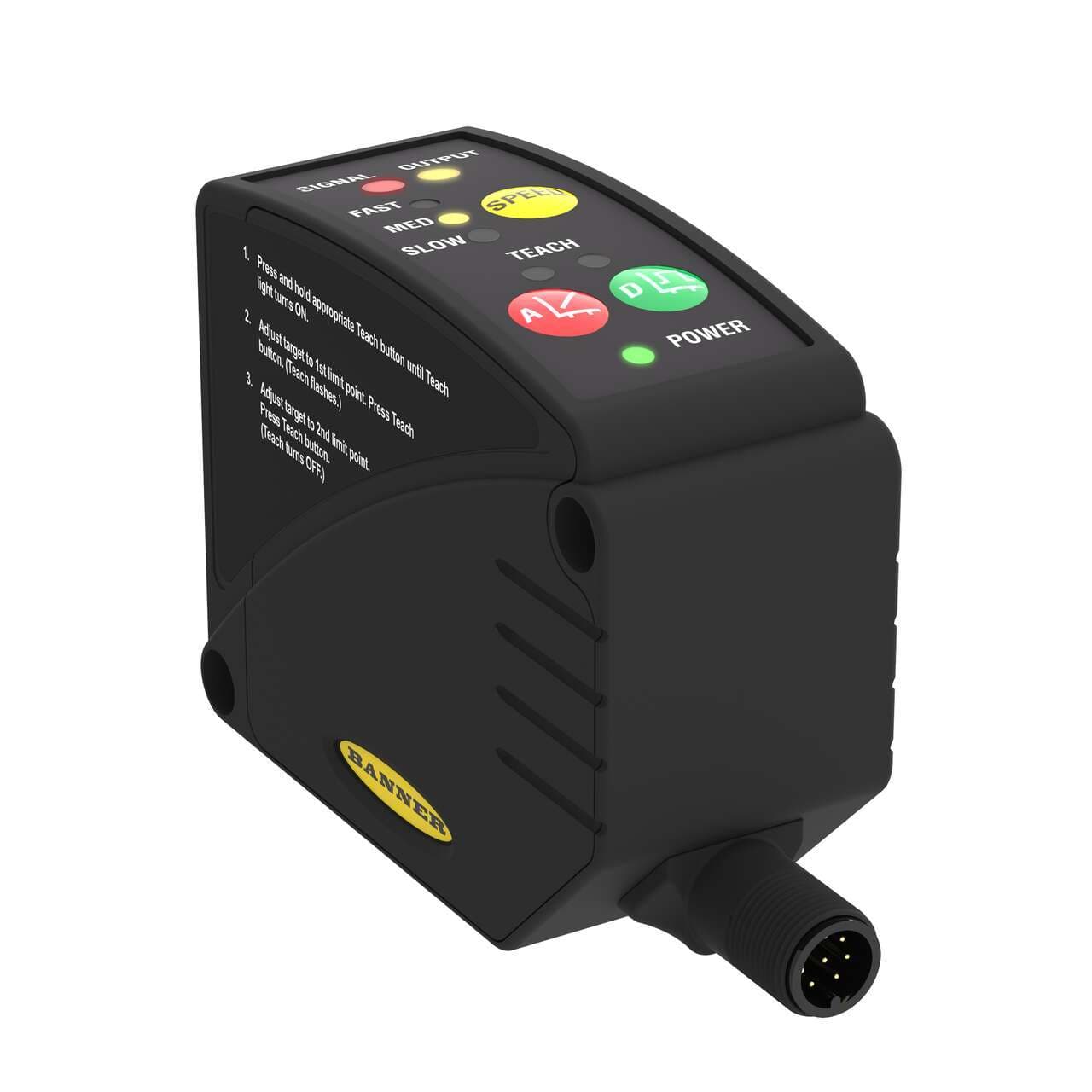 Banner LT3NUQ LT3 Series: Diffuse T.O.F. Laser Distance Measurement; Range: 0.3-5.0 m; Input: 12-24 V dc; Analog Output: 0-10 V; Discrete Output: NPN; 8-pin M12 Integral QD LT3NUQ on Powermatic Associates