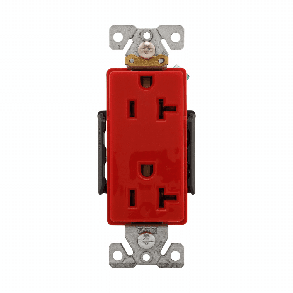 Eaton 6362RD 6362RD Eaton - Eaton Arrow Hart extra heavy-duty industrial specification grade decorator duplex receptacle, #14-10 AWG, 20A, Industrial, Flush, 125V, Back and side, Red, Brass, Glass filled Nylon, 5-20R, Duplex, Screw, Glass-filled nylon, Core pack 6362RD on Powermatic Associates