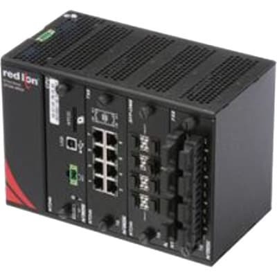 Red Lion NT24K-DR24-DC Red Lion NT24K-DR24-DC is an all-Gigabit (GbE/GigE) modular industrial managed Ethernet switch designed for robust and complex networking solutions. It supports SNMP v1, v2, v3, and Web Browser Management for comprehensive network management and security features including SSH/SSL/HTTPS, IEEE 802.1x with RADIUS Remote Server Authentication. The switch utilizes Multi-Member N-Ring Technology ensuring a 30ms healing time, alongside N-Link Redundant Ring Technology and N-View Monitoring Technology for enhanced network reliability and visibility. It is equipped with EtherNet/IP CIP Messaging, IGMP Auto Configuration, 802.1Q tag VLAN and Port VLAN, 802.1p QoS and Port QoS, SNTP, an Event Log/Syslog, Port Trunking, and Port Mirroring. The switch can handle up to 16k MAC addresses. Designed for DIN rail mounting, it operates within an ambient air temperature range of -40 to +75°C. The NT24K-DR24-DC features a 3-slot connection capacity for port modules, is part of the N-Tron NT24k series, and comes in a metallic case. It supports a supply voltage range of 18-49Vdc, specifically designed for 24Vdc and 48Vdc systems, and uses Ethernet as its communication protocol. NT24K-DR24-DC on Powermatic Associates