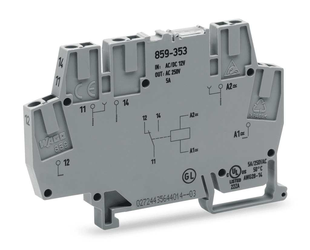 WAGO 859-357 859-357 WAGO - Relay module; Nominal input voltage: 115 V AC/DC; 1 changeover contact; Red status indicator; Module width: 6 mm; 2,50 mm²; gray 859-357 on Powermatic Associates