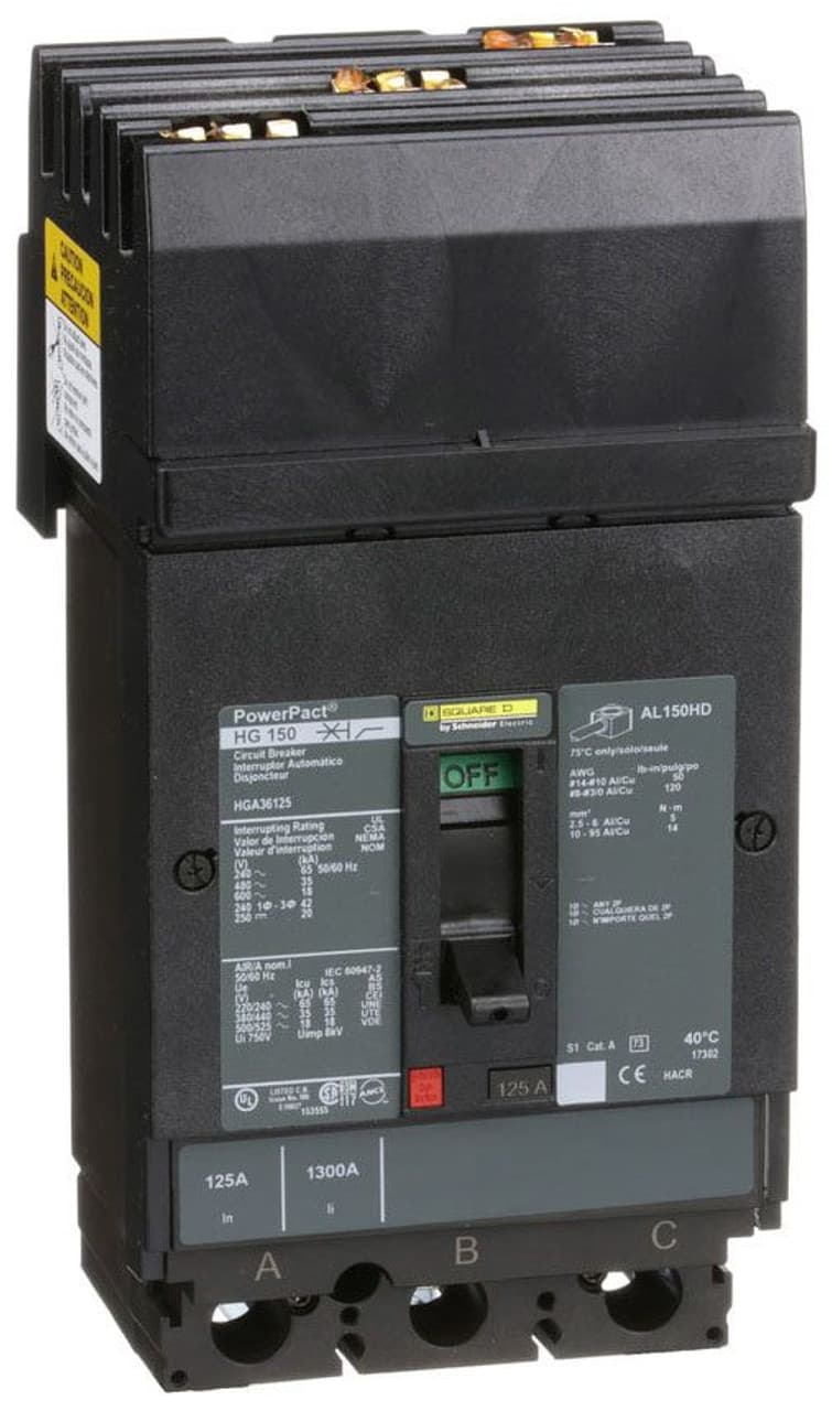 Schneider Electric HGA36125 Square D by Schneider Electric HGA36125 is a Moulded Case Circuit Breaker (MCCB) within the PowerPacT HGA sub-range, featuring a PowerPact H-Frame 150 TMD design. It is a 3-pole (3P) device with a rated current of 125A and offers thermal protection for overload and magnetic protection for short-circuits. This MCCB has an I-line connection for ABC phases, with a rated insulation voltage (Ui) of 750 V and rated voltages of 600Vac/600Y/347Vac and 500Vdc. It is designed for mounting on I-line with line side isolated plug-on jaws and a mechanical I-Line bracket mechanism. The net dimensions are 163 mm in height, 104 mm in width, and 86 mm in depth, with a degree of protection of IP40. The operating mode is manual toggle, and it has fixed protection settings for over-current at 125A, short-circuit hold current at 900A, and short-circuit trip current at 1700A. The rated operating voltage (Ue) is 690 V, with a rated impulse voltage (Uimp) of 8 kV. The trip current rating is 125 AT, with a frame current rating of 150 AF. Its short circuit breaking ratings vary across voltages, including 65kA at 240Vac, 35kA at 480Vac and 480Y/277Vac, 18kA at 600Vac and 600Y/347Vac, and 20kA at 250Vdc and 500Vdc, all under UL489. The trip unit type is thermal-magnetic (fixed) without a display, and it falls under utilisation category A. HGA36125 on Powermatic Associates