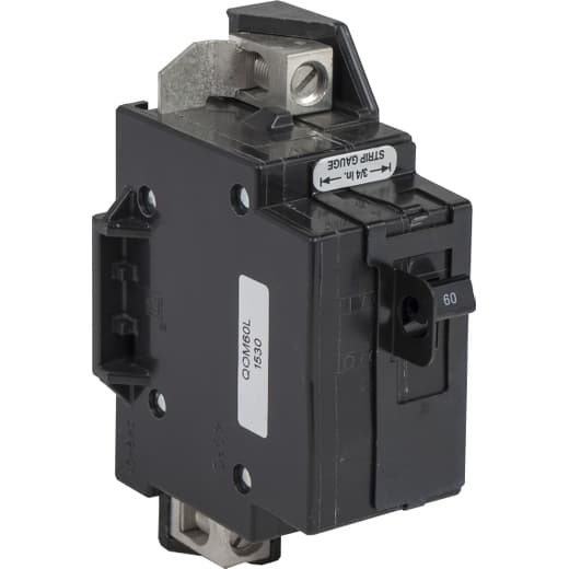 Schneider Electric QOM60L Square D by Schneider Electric QOM60L is a Miniature Circuit Breaker (MCB) designed for primary or main circuit protection. It features a bolt-on mounting mode and a bolt-on connection type, ensuring secure installation. This MCB is rated for a current of 60A and can accommodate a wire cross-section of 12-2/0AWG for one aluminum or copper cable. It operates on a rated voltage of 120V to 240V AC and is equipped with two poles. The QOM60L has a short circuit breaking rating of 10kA at 240Vac and utilizes lug terminals for its connections. QOM60L on Powermatic Associates