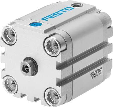 Festo 156965 compact cylinder AEVU-63-15-P-A For proximity sensing, piston-rod end with female thread. Stroke: 15 mm, Piston diameter: 63 mm, Cushioning: P: Flexible cushioning rings/plates at both ends, Assembly position: Any, Mode of operation: (* single-acting, * p 156965 on Powermatic Associates