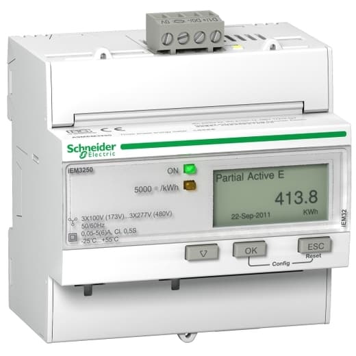 Schneider Electric A9MEM3250 Schneider Electric A9MEM3250 is a digital energy meter within the iEM sub-range, featuring an 8-digit graphic LCD display and Modbus communication protocol for data exchange. It supports 4 tariffs, making it suitable for diverse billing applications. This meter is designed for DIN rail mounting and offers an IP40 degree of protection, ensuring compatibility with various industrial environments. It operates on network types 1P+N, 3P, and 3P+N, with a network frequency range of 50-60 Hz. The ambient air temperature range for operation is set between -25 and +55 °C. The A9MEM3250 has a sampling rate of 1,600 Hz at 50Hz and 1,920 Hz at 60Hz, based on 32 samples per cycle. It is powered by a supply voltage of 277-480 V at 50-60Hz. Measurement capabilities include voltage and current, with secondary current options for CT secondary current at 1 A and 5 A. A9MEM3250 on Powermatic Associates