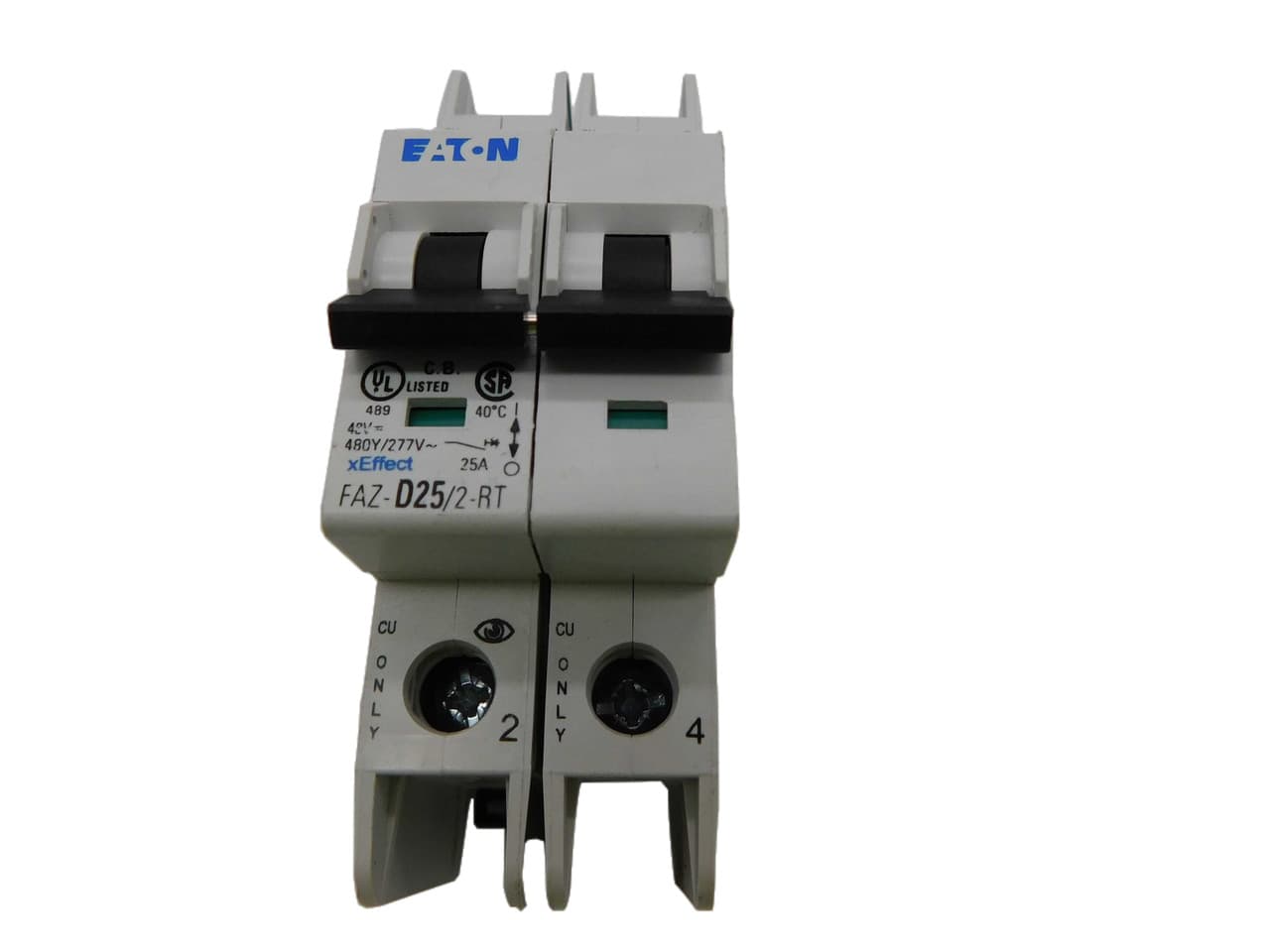 Eaton FAZ-D25/2-RT 277/480 VAC 50/60 Hz, 25 A, 2-Pole, 10/14 kA, 10 to 20 x Rated Current, Ring Tongue Terminal, DIN Rail Mount, Standard Packaging, D-Curve, Current Limiting, Thermal Magnetic FAZ-D25/2-RT on Powermatic Associates