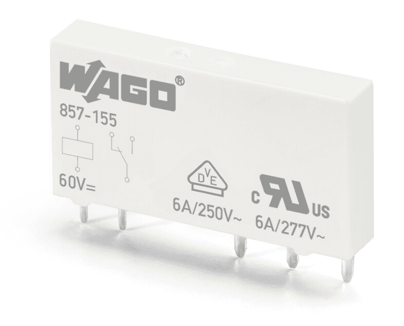 WAGO 857-155 857-155 WAGO - Basic relay; Nominal input voltage: 60 VDC; 1 changeover contact; Limiting continuous current: 6 A; Module width: 5 mm; Module height: 15 mm 857-155 on Powermatic Associates