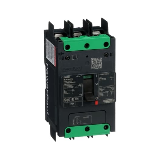 Schneider Electric BDF36070 Square D by Schneider Electric BDF36070 is a Moulded Case Circuit Breaker (MCCB) within the PowerPacT BDF sub-range, featuring a PowerPact B-Frame 100 TMD 3P-3t design. It has a rated current of 70A and operates at a rated voltage of 600Vac 600Y/347Vac, with a rated impulse voltage (Uimp) of 8 kV. This MCCB offers a degree of protection of IP40 and is designed for fixed mounting on DIN rails or as an individual unit mount on plates. It has three poles (3P) and comes with a terminal nut kit for fixed busbar connection on both line and load sides. The MCCB's mechanical durability is rated at 15,000 operations at no load, and it has an electrical durability of 10,000 operations at 440Vac with load. Its protection settings include over-current fixed at 70A, short-circuit hold current fixed at 640A, and short-circuit trip current fixed at 960A. The BDF36070 features thermal protection for overload and magnetic protection for short-circuits, with a trip current rating of 70 AT. Its frame current rating is 100 AF, and it operates via a toggle (manual) mode. The short circuit breaking rating varies by voltage, with 25kA at 240Vac, 18kA at 480Vac and 480Y/277Vac, 14kA at 600Y/347Vac according to UL489 standards, and 10kA at 250Vdc. The trip unit type is thermal-magnetic (fixed) without a display. BDF36070 on Powermatic Associates