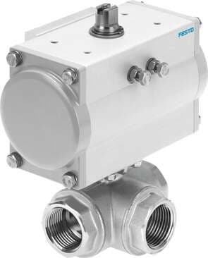 Festo 8070255 ball valve actuator unit VZBM-A-11/4"-RP-25-F-3L-B2-PA40 Brass, with double-acting actuator DFPD 3/2-way, nominal width 11/4", PN25, thread EN 10226-1. Design structure: (* 3-way ball valve, * Swivel drive), Type of actuation: pneumatic, Assembly position 8070255 on Powermatic Associates