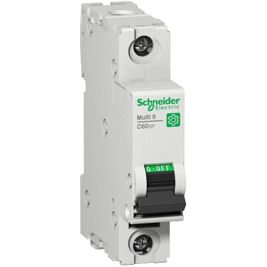 Schneider Electric M9F23140 Schneider Electric M9F23140 is a Miniature Circuit Breaker (MCB) within the C60SP sub-range, designed for a single pole configuration. It features a rated current of 40A and is compliant with UL1077 standards. The MCB has a rated insulation voltage (Ui) of 500V, a DC rated voltage of 60Vdc, and an AC operating voltage (Ue) of 415V. It is capable of handling an impulse voltage (Uimp) of 6kV. The short circuit breaking rating is specified as 14kA AIR at both 120Vac and 240Vac, and 10kA AIR at 277Vac and 65Vdc. The rated voltage for phase-to-neutral applications is 277V. This product ensures protection for 1 pole and is characterized by a D tripping curve. M9F23140 on Powermatic Associates