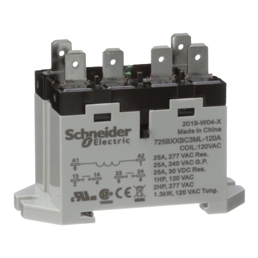 Schneider Electric 725BXXBC3ML-120A Harmony, Power relay, DIN rail/panel mount, 25 A,with LED indicator test button, flat (faston) terminals, 120 V AC, 2 NO 725BXXBC3ML-120A on Powermatic Associates