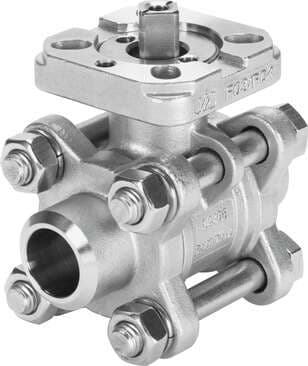 Festo 1686665 ball valve VZBA-3/4"-WW-63-T-22-F0304-V4V4T 2/2-way, flange hole pattern F0304, welded end. Design structure: 2-way ball valve, Type of actuation: mechanical, Sealing principle: soft, Assembly position: Any, Mounting type: Line installation 1686665 on Powermatic Associates