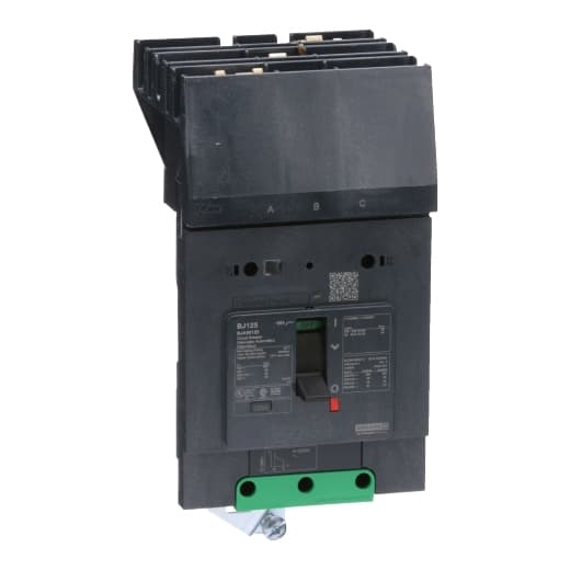 Schneider Electric BJA36125 Square D by Schneider Electric BJA36125 is a Moulded Case Circuit Breaker (MCCB) within the PowerPacT BJA sub-range, featuring a PowerPact B-Frame 125 TMD 3P 125A design for 600Y/347Vac with a 25kA I-line ABC 80% rated. It has an 8 kV rated impulse voltage (Uimp) and utilizes an I-line connection for ABC phases. The degree of protection is IP40, with a rated current of 125A and a rated voltage of 600Vac 600Y/347Vac. It offers mechanical durability of 20,000 operations at no load and mounts on I-line with line side isolated plug-on jaws plus a mechanical I-Line bracket mechanism. This 3-pole (3P) circuit breaker has dimensions of 137 mm in height, 89 mm in depth, and 81 mm in width. It falls under utilisation category A and features over-current protection fixed at 125A, short-circuit hold current fixed at 1000A, and short-circuit trip current fixed at 1500A. The rated voltage for DC applications is 250Vdc, with a rated insulation voltage (Ui) of 800 V and a rated operating voltage (Ue) of 690 V. Protection functions include thermal protection for overload and magnetic protection for short-circuit, with a trip current rating of 125 AT. Its electrical durability with load is 10,000 operations at 440Vac; In, and it has a frame current rating of 125 AF. The operating mode is toggle (manual), and it has a short circuit breaking rating of 100kA at 240Vac, 65kA at 480Vac, 65kA at 480Y/277Vac, and 25kA at 600Y/347Vac under UL489 standards. The trip unit type is thermal-magnetic (fixed) with no display. BJA36125 on Powermatic Associates