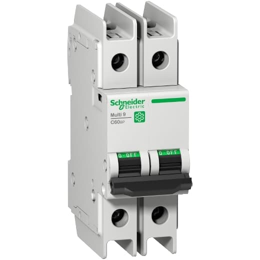 Schneider Electric M9F42245 Schneider Electric M9F42245 is a Miniature Circuit Breaker (MCB) within the C60BP sub-range, designed with a 2-pole configuration and a rated current of 45A. It features a rated insulation voltage (Ui) of 500V, a DC rated voltage of 60Vdc, and an AC rated voltage of 240V phase-to-neutral and 415V phase-to-phase. The M9F42245 has a rated impulse voltage (Uimp) of 6kV and offers a short circuit breaking rating of 14kA AIR at both 120Vac and 240Vac, and 10kA AIR at 480Y/277Vac and 60Vdc. Both poles are protected, and it operates with a C tripping curve, compliant with UL489 standards. M9F42245 on Powermatic Associates