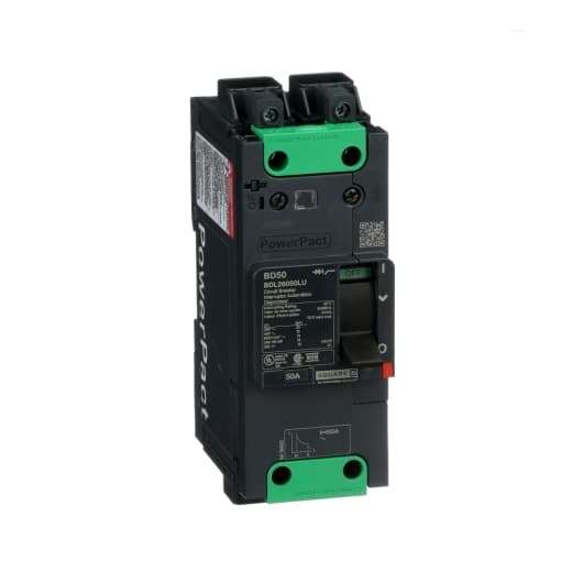 Schneider Electric BDL26050LU Square D by Schneider Electric BDL26050LU is a Moulded Case Circuit Breaker (MCCB) within the PowerPacT BDL sub-range, featuring a PowerPact B-Frame 100 TMD 2P 50A 600Y/347Vac 14kA design. It includes Everlink (Creep compensating) lugs on both line and load sides, plus a Control Wire terminal (CWT) on the line side only, offering a degree of protection rated at IP40. This MCCB has a rated current of 50A and operates at a rated voltage of 600Vac 600Y/347Vac, with a mechanical durability of 20,000 operations when not under load. It can be mounted either on a DIN rail or as an individual unit on a plate, featuring 2 poles (2P). The dimensions are 137 mm in height, 80 mm in depth, and 54 mm in width. It is designed for utilisation category A, with protection settings including over-current fixed at 50A, short-circuit hold current fixed at 480A, and short-circuit trip current fixed at 720A. The rated voltage for DC applications is 250Vdc, with a rated insulation voltage (Ui) of 800 V and a rated operating voltage (Ue) of 525 V. Protection functions encompass thermal protection for overload and magnetic protection for short-circuits, with a trip current rating of 50 AT. Its electrical durability with load is rated for 10,000 operations at 440Vac; In, and it has a frame current rating of 100 AF. The operating mode is manual toggle, and it has a short circuit breaking rating of 25kA at 240Vac, 18kA at 480Vac and 480Y/277Vac, and 14kA at 600Y/347Vac under UL489 standards. The trip unit type is thermal-magnetic (fixed) with no display. BDL26050LU on Powermatic Associates