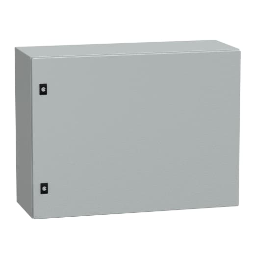 Schneider Electric NSYCRN68300 Schneider Electric NSYCRN68300 is a wall-mounted empty compact universal enclosure with a plain door, designed for wall-mounting with 4 holes that are sealed with plastic plugs to ensure an IP66 and NEMA 4 degree of protection. This enclosure, part of the CRN sub-range, measures 600 mm in height, 800 mm in width, and 300 mm in depth. It is constructed from steel and coated with an epoxy-polyester painting for durability. The enclosure is finished in grey (RAL 7035) and features a 3 mm double-bar lock type for securing the contents. NSYCRN68300 on Powermatic Associates