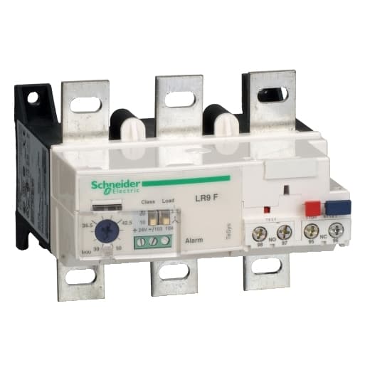 Schneider Electric LR9F63 Schneider Electric LR9F63 is an electronic thermal overload relay designed for protection and control within electrical circuits. It features a 3-pole configuration and offers connection types including upstream and outgoing cables with lugs, and a control circuit with screw-clamp connections. This part of the LR9F sub-range is specified with a rated current of 40-80 A and provides protection settings for thermal overload within the same range. It includes 1 Normally Open (NO) auxiliary contact and 1 Normally Closed (NC) auxiliary contact. The LR9F63 operates with a supply voltage of 24 V DC and has a rated voltage for AC phase-to-phase connections at 1000 V for frequencies of 50/60Hz. The minimum and maximum current ratings are set at 40 A and 80 A, respectively, ensuring compatibility with a variety of electrical systems. LR9F63 on Powermatic Associates