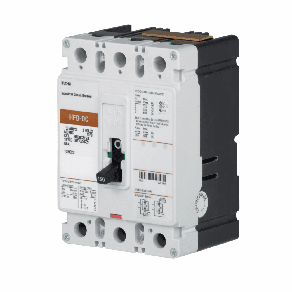Eaton HFDDC3150K HFDDC3150K Eaton - Eaton Series C DC/PvGard molded case switch, F-frame, HFD, Molded case switch, Three-pole, 150A, 600 Vac, 250 Vdc, 42 kAIC at 600 Vac, Load side, Vdc HFDDC3150K on Powermatic Associates