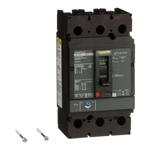 Schneider Electric JGL36175 Square D by Schneider Electric JGL36175 is a Moulded Case Circuit Breaker (MCCB) from the PowerPacT JGL sub-range, designed with a PowerPact J-Frame 250 TMD 3P 175A 600Vac 18kA with lugs 80% rated. It features a 3-pole (3P) configuration and offers both thermal protection for overload and magnetic protection for short-circuit scenarios. The rated current is 175A, with a rated insulation voltage (Ui) of 750 V and a rated voltage (AC) of 600Vac 600Y/347Vac. This unit is designed for individual unit mount on plate, with dimensions of 191 mm in height, 105 mm in width, and 127 mm in depth. It has a degree of protection of IP40 and operates with a toggle (manual) mechanism. Protection settings include over-current fixed at 175A and short-circuit pickup current adjustable between 875A and 1750A. The rated operating voltage (Ue) is 690 V, with a rated impulse voltage (Uimp) of 8 kV. The trip current rating is 175 AT, and the frame current rating is 250 AF. It has a short circuit breaking rating of 65kA (240Vac; UL489), 35kA (480Vac; UL489), 35kA (480Y/277Vac; UL489), 18kA (600Vac; UL489), 18kA (600Y/347Vac; UL489), 20kA (250Vdc; UL489), and 20kA (500Vdc; UL489). The trip unit type is thermal-magnetic (adjustable) with no display, and it falls under the utilisation category A. JGL36175 on Powermatic Associates