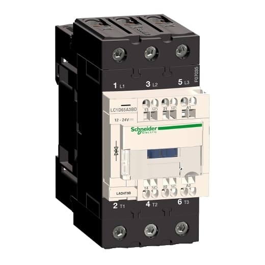 Schneider Electric LC1D65A3E7 Schneider Electric LC1D65A3E7 is a magnetic contactor from the Deca sub-range, featuring EverLink(TM) terminal design for secure connections. It is equipped with spring connections for control and screw connections for power, and it operates with 3 poles (3P; 3NO). The contactor is rated for 80A under AC-1 conditions and 65A at 440Vac under AC-3 conditions. It is designed for DIN rail mounting and has a net width of 55 mm. The degree of protection provided is IP20. Control voltage ranges from 38.4-52.8Vac at 50Hz and 40.8-52.8Vac at 60Hz, with a nominal voltage of 48Vac. The rated operating voltage (Ue) is up to 690 V, and it includes 1 normally open (NO) auxiliary contact. The rated impulse voltage (Uimp) is 6 kV. Rated active power varies from 18.5kW at 220-230Vac to 37kW at 660-690Vac under AC-3 conditions. It also features 1 normally closed (NC) auxiliary contact and instantaneous auxiliary contacts type of 1NO+1NC. Rated power in horsepower (HP) ranges from 5HP at 115Vac single-phase to 50HP at 575-600Vac three-phase, according to UL/CSA standards. Mechanical durability is rated at 6,000,000 operations, and electrical durability at 1,400,000 operations with load. The rated voltage for phase-to-phase is 690 V. LC1D65A3E7 on Powermatic Associates