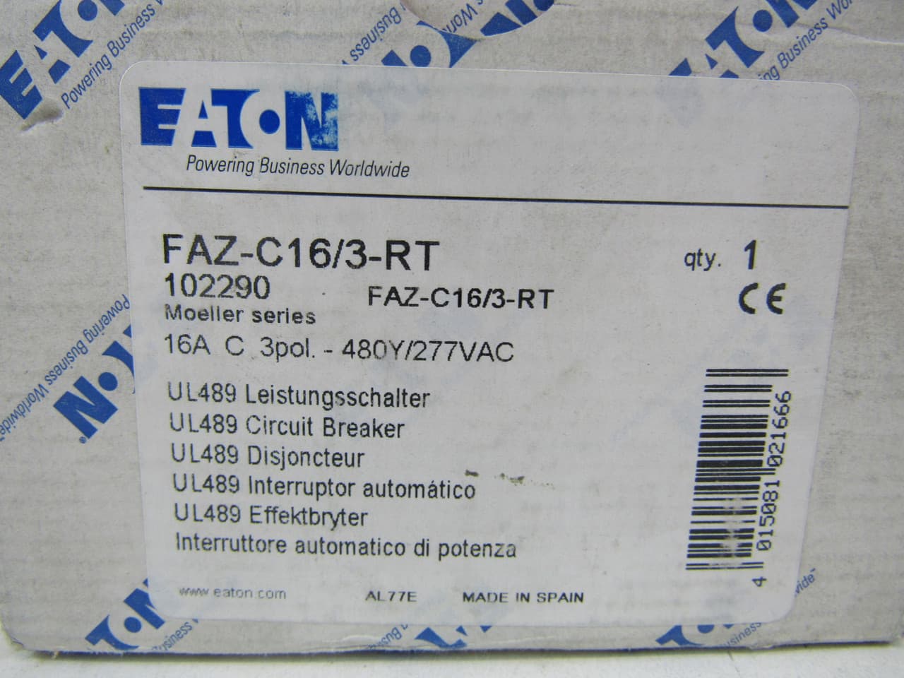 Eaton FAZ-C16/3-RT 277/480 VAC 50/60 Hz, 16 A, 3-Pole, 10/14 kA, 5 to 10 x Rated Current, Ring Tongue Terminal, DIN Rail Mount, Standard Packaging, C-Curve, Current Limiting, Thermal Magnetic FAZ-C16/3-RT on Powermatic Associates