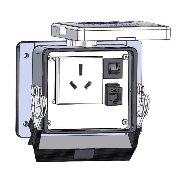 Mencom DAS-RJ45-5R-32 Panel Interface Connector with Australian outlet, RJ45, 5amp reset, in a 32 housing DAS-RJ45-5R-32 on Powermatic Associates