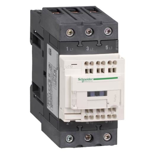 Schneider Electric LC1D50A3BD Schneider Electric LC1D50A3BD is a magnetic contactor from the Deca sub-range, featuring EverLink(TM) terminal design. It is equipped with spring connections for control and screw connections for power, and it operates with 3 poles (3P; 3NO). The rated current is 80A for AC-1 and 50A for 440Vac in AC-3 conditions. This contactor is designed for DIN rail mounting and has a net width of 55 mm. It offers a degree of protection of IP20 and operates with a control voltage of 18-30Vdc (24Vdc nominal). The rated operating voltage (Ue) is up to 690 V, and it includes 1 normally open (NO) auxiliary contact. The rated impulse voltage (Uimp) is 6 kV. Its rated active power ranges from 15kW at 220-230Vac to 33kW at 660-690Vac in AC-3 conditions. It also features 1 normally closed (NC) auxiliary contact with 1NO+1NC instantaneous auxiliary contacts type. The rated power in horsepower (HP) varies from 3HP at 115Vac to 40HP at 575-600Vac, suitable for both single-phase and 3-phase systems under UL/CSA standards. The mechanical durability is rated at 6,000,000 operations, and electrical durability with load is 1,450,000 operations. The rated voltage for phase-to-phase is 690 V. LC1D50A3BD on Powermatic Associates