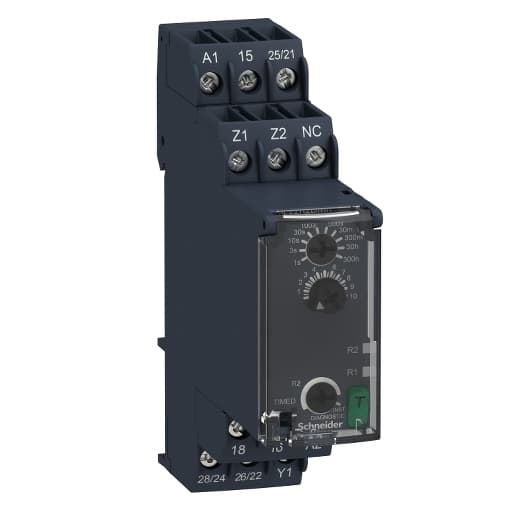 Schneider Electric RE22R2DMR Schneider Electric RE22R2DMR is an analog timer featuring modular design with an 18mm width equivalent to 1 module. It offers dual function timing capabilities including Symmetrical flashing relay (starting pulse-off) with options for retrigger/restart via control signals. Control is facilitated through a rotary knob, a diagnostic button, and an external potentiometer. The control signal pulse widths are specified at 100ms with load in parallel and 30ms, with a recovery time of 120ms upon de-energization and a power-on delay of 100ms. Designed for DIN rail mounting, this timer has a rated current of 8 A and falls under the RE22 sub-range. It provides a degree of protection rated at IP40 for the housing, IP20 for terminals, and IP50 for the front panel. The housing material is self-extinguishing, ensuring durability. Power consumption is rated at 1.5 W at 240Vdc. The RE22R2DMR features DPDT (Double Pole Double Throw) contacts, supporting 2C/O operations, and can handle a rated impulse voltage (Uimp) of 5 kV. It operates on a supply voltage range of 24-240 V AC/DC, with a minimum threshold of 20.4 V. The display includes a green LED backlight for dial pointer indication, alongside yellow LEDs to signal various operational statuses. Its electrical durability is rated for 100,000 operations at 250vac/24Vdc and up to 10,000,000 operations. The timer offers a wide time delay range from 1 second to 300 hours (1 to 1,080,000 seconds), and operates within a temperature range of -20°C to +60°C. RE22R2DMR on Powermatic Associates