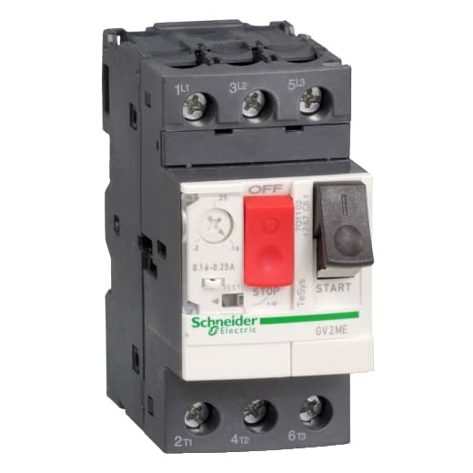 Schneider Electric GV2ME10 Schneider Electric GV2ME10 is a Motor Protection Circuit Breaker (MPCB) within the GV2ME sub-range, designed for thermal-magnetic motor protection and manual motor starting. It features 3 poles and offers protection functions against short-circuit and thermal overload with a rated current of 4 - 6.3 A. The device is equipped for DIN rail or mounting plate installation, with a net width of 45 mm and operates via a push-button. Protection settings are fixed with a short-circuit pickup current of 78A. It has a rated insulation voltage (Ui) of 690 V and a rated impulse voltage (Uimp) of 6 kV. The rated active power varies with voltage: 2.2 kW at 400/415Vac, 3 kW at 500Vac, and 4 kW at 690Vac. The trip current rating is 6.3 AT, with a frame current rating of 32 AF. It boasts a mechanical durability of 100,000 operations at no load and an electrical durability of 100,000 operations at 440Vac; AC-3; In/2 with load. Connection is made through screw-clamp terminals, and it is designed for use with a phase-to-phase rated voltage of 690 V across 3 protected poles. The trip unit type is thermal-magnetic, supporting a minimum current of 4 A and a maximum current of 6.3 A, classified under utilisation category A AC-3. GV2ME10 on Powermatic Associates