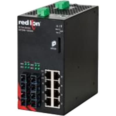 Red Lion NT24K-12GX4-SC Red Lion NT24k-12GX4-SC is an all-Gigabit (GbE/GigE) industrial managed Ethernet switch from the N-Tron NT24k series, designed for robust performance in demanding environments. It features SNMP v1, v2, v3, and Web Browser Management for comprehensive control, alongside SSH/SSL/HTTPS for secure communication. The device supports IEEE 802.1x with RADIUS Remote Server Authentication, Multi-Member N-Ring Technology with 30ms Healing, and N-Link Redundant Ring Technology for enhanced network reliability. N-View Monitoring Technology, EtherNet/IP CIP Messaging, and Web configuration are integrated for efficient network management. It also offers IGMP Auto Configuration, 802.1Q tag VLAN and Port VLAN, 802.1p QoS and Port QoS, SNTP, Event Log/Syslog, Port Trunking, and Port Mirroring for advanced network configuration and monitoring. The switch is equipped with 16k MAC addresses, supports a connection capacity of 12-ports including 8 x RJ45 ports (10/100/1000BaseTX) and 4 x SC fiber optic connectors (multi-mode; 1000BaseFX; 500m rated optical fiber), and is housed in a metallic case. It operates within an ambient air temperature range of -40 to +85°C, mounts via DIN rail, and is powered by a supply voltage of 10-49Vdc (12Vdc / 24Vdc / 48Vdc). ESD and Surge protection on power inputs ensure the device's protection functions are robustly covered. NT24K-12GX4-SC on Powermatic Associates