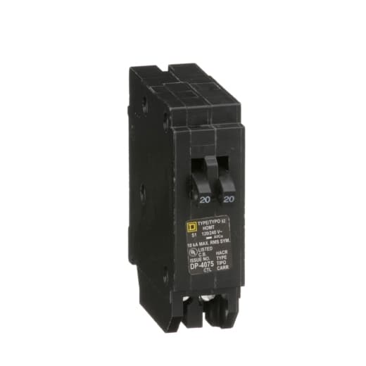 Schneider Electric HOMT2020 Square D by Schneider Electric HOMT2020 is a Tandem Miniature Circuit Breaker (MCB) designed for plug-in connections. It features a single pole configuration and is rated for currents up to 20A, with a voltage rating of 120V to 240V AC. The mounting mode for this MCB is plug-in, accommodating a cross-section of 14-8AWG for one aluminum or copper cable. It is equipped with box lugs type terminals and has a short circuit breaking rating of 10kA at 240Vac. HOMT2020 on Powermatic Associates
