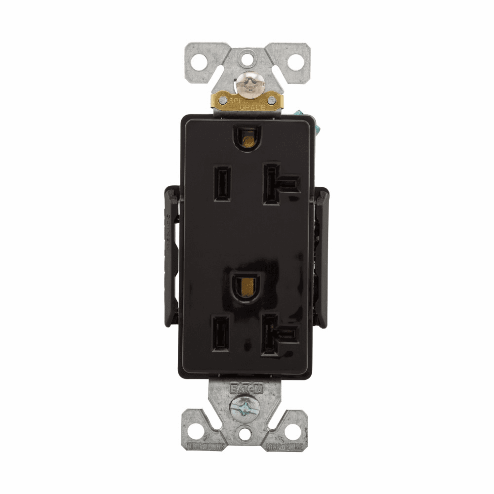 Eaton 6362BK 6362BK Eaton - Eaton Arrow Hart extra heavy-duty industrial specification grade decorator duplex receptacle, #14-10 AWG, 20A, Industrial, Flush, 125V, Back and side, Black, Brass, Glass filled Nylon, 5-20R, Duplex, Screw, Glass-filled nylon, Core pack 6362BK on Powermatic Associates