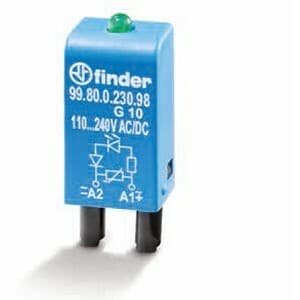 Finder 99.80.9.024.99 Finder 99.80.9.024.99 is a suppressor module designed for use with a control voltage (AC) plug-in configuration. It operates within a rated voltage range of 6-24Vdc. The part is identified by its blue power consumption indicator. 99.80.9.024.99 on Powermatic Associates
