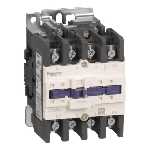 Schneider Electric LC1D80004N5 Schneider Electric LC1D80004N5 is a magnetic contactor from the Deca sub-range, designed with screw connections and equipped with 4 poles (4NO). It has a rated current of 125A (AC-1) and is suitable for DIN rail mounting. The dimensions include a net width of 96 mm and it offers a degree of protection of IP20. The control voltage (AC) ranges from 353-456Vac (415Vac nominal; 50Hz; 0.85...1.1 x Uc), with a rated operating voltage (Ue) of 1000 V. This model does not include normally open (NO) or normally closed (NC) auxiliary contacts. It is capable of withstanding a rated impulse voltage (Uimp) of 8 kV and boasts a mechanical durability of 4,000,000 operations at no load. The rated voltage (AC) for phase-to-phase connections is also 1000 V. LC1D80004N5 on Powermatic Associates