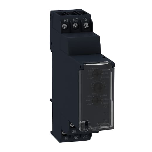 Schneider Electric RE22R1QMQ Schneider Electric RE22R1QMQ is an analog timer designed for modular installation on a DIN rail, featuring a single function Star-delta timer with two normally open outputs sharing the same common. It is controlled via a front panel rotary knob, with a control signal pulse width of 100ms under load and 30ms, and a recovery time of 120ms upon de-energization. The timer has a power-on delay of 100ms, operates with a rated current of 8 A, and falls under the RE22 sub-range. It offers a degree of protection of IP40 for both the front face and housing, and IP20 for the terminal block, with a self-extinguishing housing material. Power consumption is rated at 8 VA for 240Vac and 17 VA for 380-440Vac. The RE22R1QMQ features SPDT contacts, a rated impulse voltage of 5 kV, and a supply voltage range of 230-440 V AC, with a minimum of 20.4 V. It includes a green LED display indicating timing progress or power status, and a yellow LED for relay activation. Its electrical durability is rated for 100,000 operations at 250Vac with a resistive load, and up to 10,000,000 operations. The timer offers a wide time delay range from 1 second to 300 hours, and operates within a temperature range of -20°C to +60°C. RE22R1QMQ on Powermatic Associates