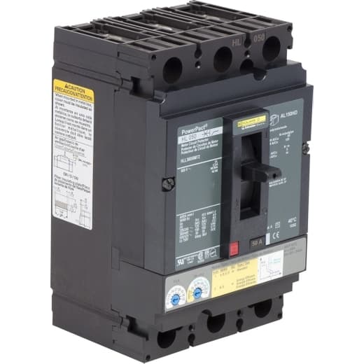 Schneider Electric HLL36050M72 Square D by Schneider Electric HLL36050M72 is a Motor Protection Circuit Breaker (MPCB) within the PowerPacT HLL sub-range, designed as a PowerPact H-Frame 150 MCP (I) with 3 poles (3P) and a rated current of 50A. It operates at a rated insulation voltage (Ui) of 750 V, with AC and DC rated voltages of 600Y/347Vac and 500Vdc respectively. This unit features lugs on both load and line sides for connection, offers instantaneous protection (I), and is designed for individual unit mount on plate. The dimensions are 163 mm in height, 104 mm in width, and 86 mm in depth, with a degree of protection of IP40. The operating mode is manual toggle, and it includes over-current protection fixed at 50A and adjustable instantaneous protection against short-circuit from 1 to 13 times the rated current (84A to 546A). The rated operating voltage (Ue) is 690 V, with a rated impulse voltage (Uimp) of 8 kV. The trip current rating is 50 AT, with a frame current rating of 150 AF. It has a short circuit breaking rating up to 125kA at 240Vac and down to 20kA at 250Vdc, according to UL489 standards. The trip unit type is thermal-magnetic, adjustable, within the MCP (I) series, and does not include a display. It is categorized under utilisation category A. HLL36050M72 on Powermatic Associates